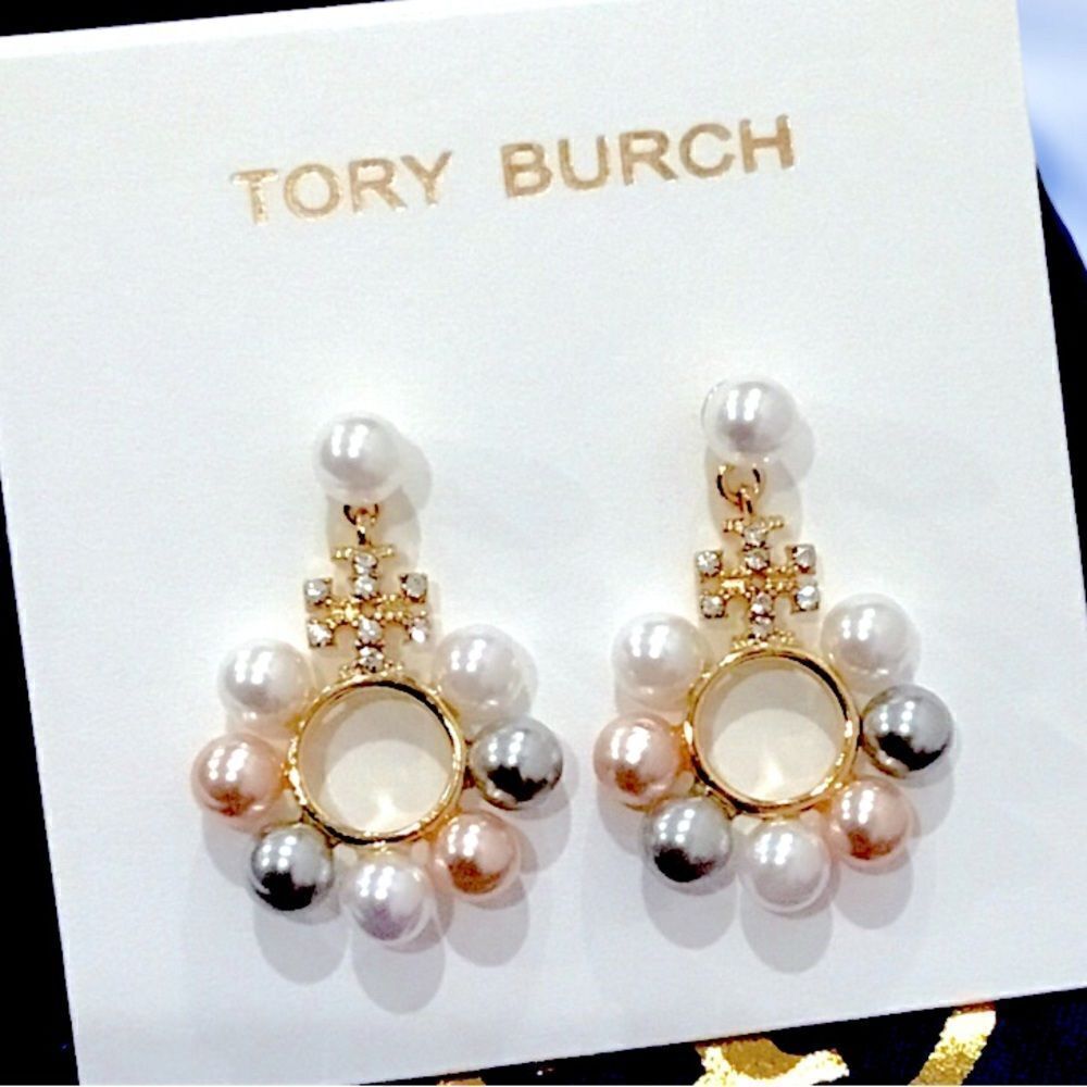 TORY BURCH MULTICOLORED PEARLS DANGLE EARRINGS